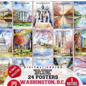 Washington D.C. Watercolor JPG Posters Ultimate Collection, Download immediato, Monumenti della città di Washington, Pacchetto set di poster di Washington D.C.