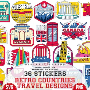 Reise Retro Aufkleber Sammlung I SVG PNG Bundle I Global Wahrzeichen Adventure Pack I Kultiges Urban Mark I Urlaubs Souvenir, Urlaub Clipart