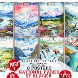 Pacote de pôsteres JPG em aquarela do Parque Nacional do Alasca | Decoração para casa de viagem | Arte de parede de turismo dos EUA | Presente para impressão I Montanhas I Cachoeiras