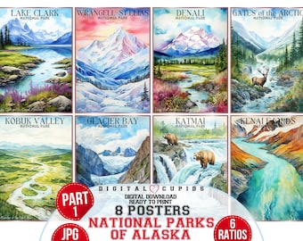 Alaska National Park Watercolor Posters: Travel Wall Art (Digital Download)