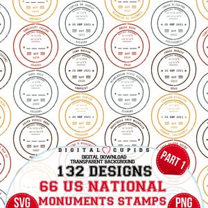 米国国定記念物切手 SVG および PNG: パート 1 | 旅行切手クリップアート | パスポートステッカー | アメリカの象徴的な場所の印刷可能なアート | 観光