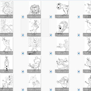 Pu&ograve; includere: Un set di 16 pagine da colorare in bianco e nero con Olaf, il pupazzo di neve del film Frozen. Le pagine raffigurano Olaf in varie pose e situazioni, tra cui cavalcare un surf, tenere un libro e stare in piedi con le braccia aperte.