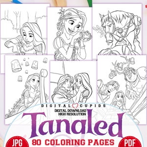 Páginas para colorear de Enredados, Dibujos animados de la Princesa Rapunzel, Libro para colorear, Páginas para colorear de la Princesa Enredados, Páginas imprimibles, Actividades para niños, PDF jpg