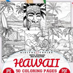 Hawái Páginas para colorear JPG y PDF, Ilustraciones de Hawái, Libro de colorear de vacaciones en Hawái para adultos y niños, Paquete de hojas para colorear de Hawái