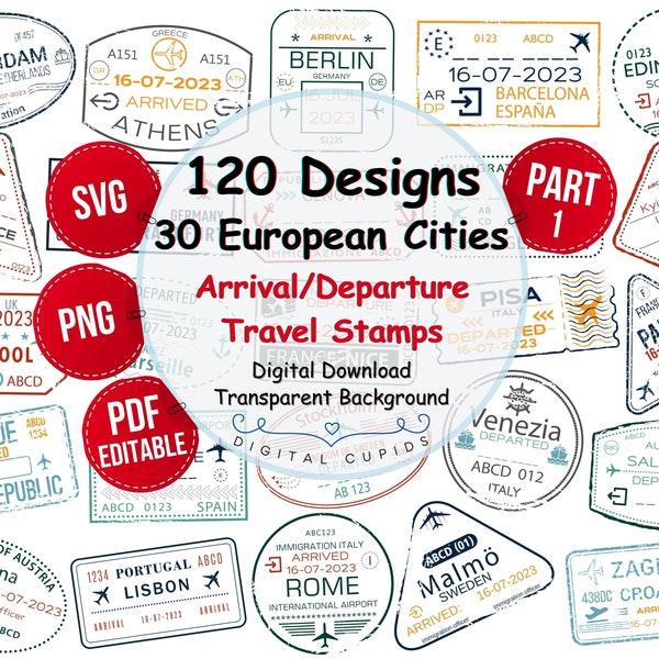 Passport Travel Stamps Stickers: 1st Bundle SVG PNG PDF I Airport Visa Arrival Departure Collection I Clipart Design I European Cities Print