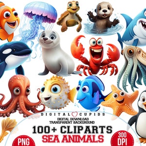 Disney-geïnspireerde png-collectie zeedieren | Clipart oceaandieren | Kinder-T-shirt, verjaardagsdecoratie, educatief ontwerp | Print, digitale kunst