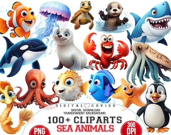Disney-Inspired Sea Animals Clipart: 104 PNG Designs (Digital Download)