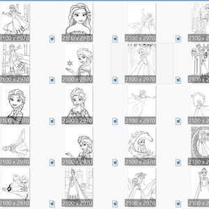 Pu&ograve; includere: Una collezione di 16 pagine da colorare in bianco e nero con varie scene del film Frozen. Le pagine includono immagini di Elsa, Anna, Olaf e altri personaggi del film.