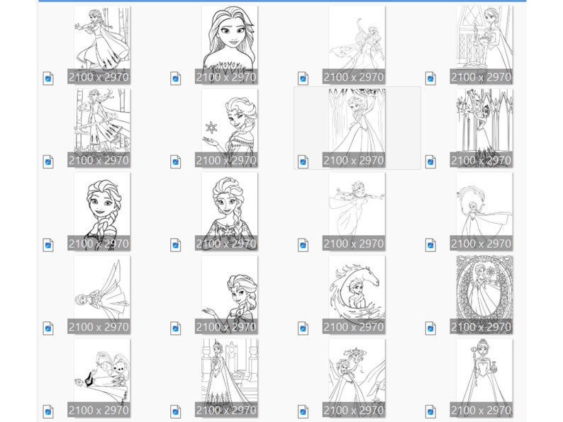 Pu&ograve; includere: Una collezione di 16 pagine da colorare in bianco e nero con varie scene del film Frozen. Le pagine includono immagini di Elsa, Anna, Olaf e altri personaggi del film.