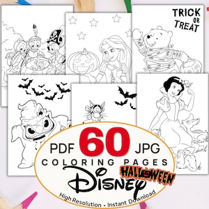 May include: A collection of black and white Disney-themed Halloween coloring pages featuring characters like Winnie the Pooh, Snow White, Stitch, and Rapunzel. The image includes text stating 60 PDF JPG coloring pages and Halloween Disney.