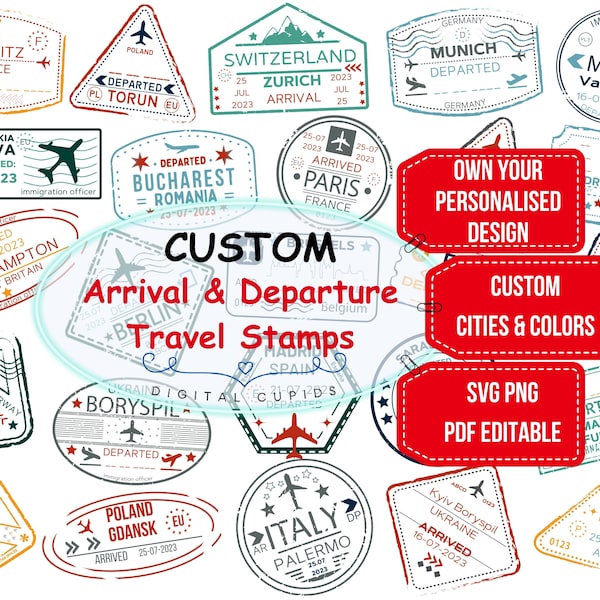 Passport Travel Stamps Stickers Commercial Use I SVG, PNG, Editable PDF I Custom Cities & Colors I Airport Visa Arrival Departure Collection