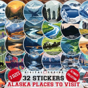 Alaska National Parks Preserves Monuments Landmarks & Places to Visit Naklejki drukowane Pełny zestaw, Arkusz naklejek Kolekcja sztuki Pakiet arkuszy