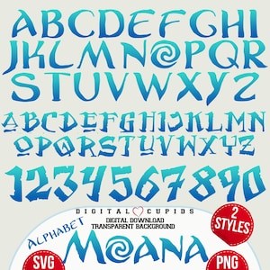 Collezione di font dell'alfabeto Moana SVG PNG / Lettere e numeri ispirati al film Vaiana / Clipart di font sfumati stampabili / Tipografia creativa SVG