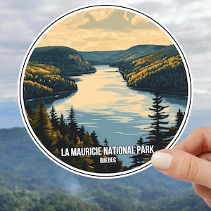 Sticker parc national de la Mauricie, décalcomanie de voyage au Canada, scène de canot nature Québec, ordinateur portable en vinyle imperméable, bouteille Parc national de la Mauricie