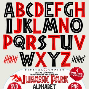 Paquete de imágenes prediseñadas del alfabeto de dinosaurios de Jurassic Park SVG PNG / Colección de fuentes de letras y números de dinosaurio T-Rex Decoración para fiestas, adornos para tartas de cumpleaños