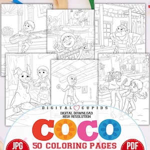 Kolorowanki z filmu Coco JPG i PDF | Ilustracje Coco | Kreatywna aktywność dla dzieci | Gotowe do druku - Rozmiar A4 | Arkusze do rysowania o tematyce filmowej