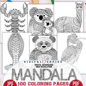 Mandala Animal Coloring Pages PDF JPG, fogli da colorare stampabili per terapia artistica Zen, rilassamento, consapevolezza, gioco creativo in stile Montessori
