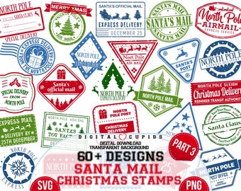 May include: A collection of 60+ vintage-style Christmas stamps featuring various designs, including Santa Claus, reindeer, and Christmas trees. The stamps are in red, green, and blue colors with white lettering. The text "Santa Mail Christmas Stamps" is displayed in large letters at the bottom of the image.