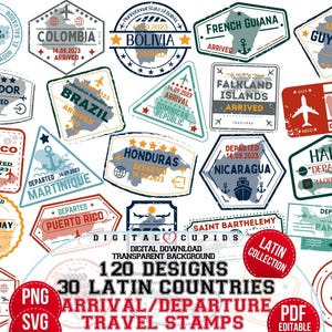 Adesivos de carimbos de viagem para passaporte: América Latina Central e do Sul I Digital SVG, PNG, PDF I Aeroporto Visto Chegada Partida I Clipart Design