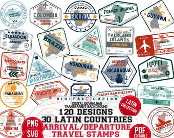 Latin America Travel Stamps: Airport Visa Clipart (SVG, PNG, PDF)