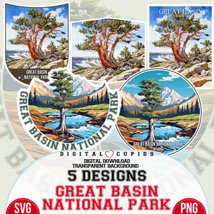 Może przedstawiać: Pięć wzorów naklejek z Great Basin National Park. Naklejki przedstawiają różne sceny z parku, w tym samotne drzewo, pasmo górskie i rzekę. Naklejki idealnie nadają się do dodania odrobiny natury do laptopa, butelki z wodą lub innych przedmiotów.