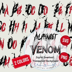 Fonte do alfabeto Venom SVG PNG | Letras Venom | Clipart de fonte com tema de filme para impressão | Festa de quadrinhos anti-heróis, decoração de eventos SVG
