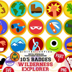 Paquete de insignias SVG PNG de Wilderness Explorer, colección de parches y calcomanías svg de Wilderness Explorer, paquete de insignias SVG de Russel's we, refresco de uva svg