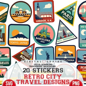 Collezione di adesivi retrò da viaggio I Pacchetto SVG PNG I Pacchetto avventura di monumenti globali I Marchio urbano iconico I Souvenir delle vacanze, Clipart delle vacanze