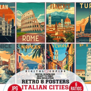 Set di poster retrò delle città italiane I Collezione di poster retrò da parete di viaggio in Italia JPG Home Decor I Stampa turistica italiana JPG / Regali di viaggio