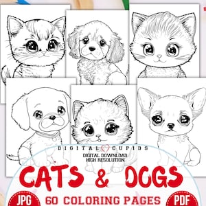 Niedliche Kätzchen und Welpen Malvorlagen, Katzen & Hunde Cartoon Cliparts Malbuch, niedliche Färbung Printables Kinderaktivitäten