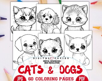 Cute Cats and Dogs Coloring Book, Kids Cartoon Cliparts (PDF)