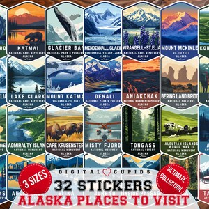 Alaska National Parks Preserves Monuments Landmarks & Places to Visit Naklejki drukowane Pełny zestaw, Arkusz naklejek Kolekcja sztuki Pakiet arkuszy