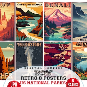 Conjunto de carteles retro de parques nacionales de EE. UU., colección de carteles de arte de pared retro de viajes en formato JPG para decoración del hogar, impresión de turismo estadounidense en formato JPG/regalos de viaje