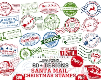 Santa Mail Stamps: Christmas SVG PNG Stickers, Gift Tags, Postcards (Digital Download)