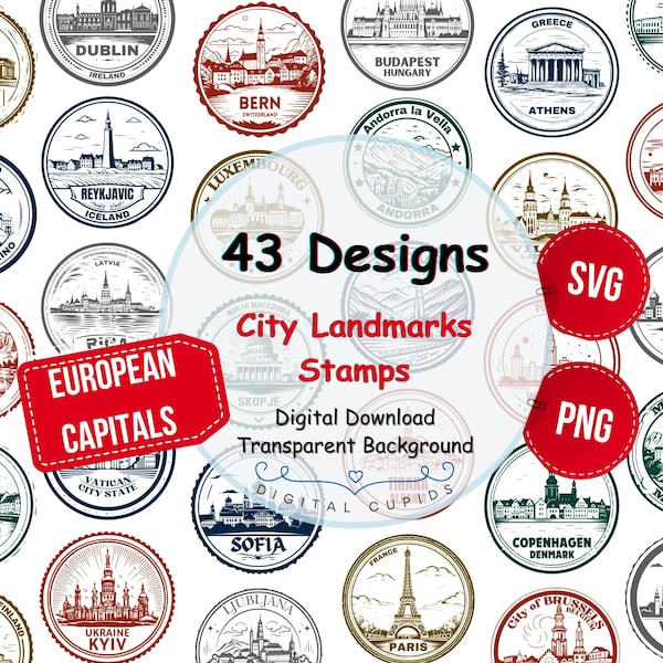 City Landmarks Stamps - European Capitals Collection I SVG PNG I Travel Stamps Clipart I Vintage Tourism I Travel Card I Visa Passport Stamp