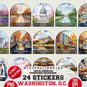 Coleção de adesivos de Washington D.C. PNG | Casa Branca, Lincoln Memorial, National Mall, Capitólio dos EUA I Decalques de viagem I Decalques de marcos de D.C.