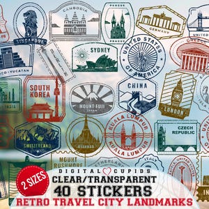Pakket met gedrukte doorzichtige stickers met stadsmonumenten, transparante collectie steden reispostzegels, iconische stadsstickers, souvenirs voor de feestdagen
