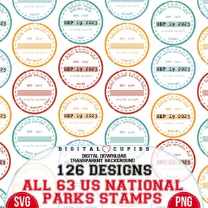 Parques Nacionais dos EUA SVG e PNG | Clipart de Selo de Viagem | Adesivos para Passaporte | Arte Imprimível de Lugares Icônicos Americanos | Coleção de Design de Turismo