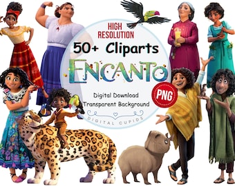 Puede incluir: Imágenes de clipart digital de personajes de la película animada Encanto. Los personajes incluyen a Mirabel, Bruno, Antonio, Alma, Pepa, Dolores y un tucán. El texto "50+ Cliparts Encanto" está en el centro de la imagen. El texto "Descarga digital Fondo transparente PNG" está debajo del texto "Encanto".