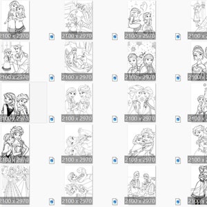 Pu&ograve; includere: Un set di 20 pagine da colorare in bianco e nero con diverse scene dei personaggi Disney Elsa e Anna del film Frozen. I personaggi sono raffigurati in diverse pose e ambientazioni, tra cui un paese delle meraviglie invernale, un castello e una foresta.