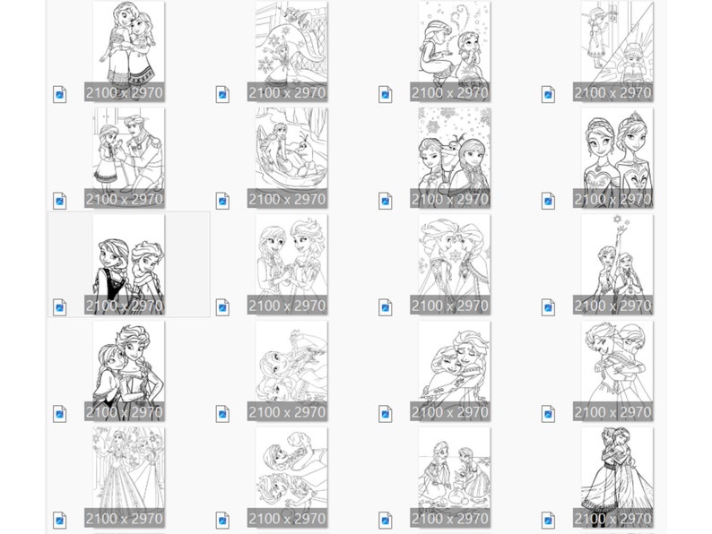 Pu&ograve; includere: Un set di 20 pagine da colorare in bianco e nero con diverse scene dei personaggi Disney Elsa e Anna del film Frozen. I personaggi sono raffigurati in diverse pose e ambientazioni, tra cui un paese delle meraviglie invernale, un castello e una foresta.
