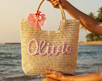 Personalized Floral Straw Beach Tote Bag, Custom Bride Tote Beach bags, Beach Vacation Wedding Favours, Mothers Day Gifts, Bridesmaid Gifts