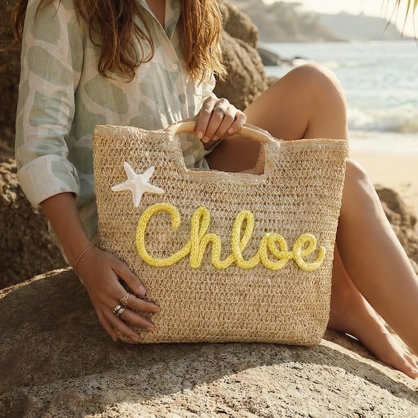 Gepersonaliseerde strandtassen, aangepaste bloemen gehaakte strandtassen bruid, stro strandvakantie bruiloft gunst, cadeau voor moeder, cadeaus bruidsmeisje