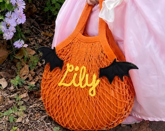 Personalized Halloween Crochet Trick or Treat Baskets Bags, Handmade Kids Candy Buckets, Embroidered Name Bag, Happy Halloween Party Gifts