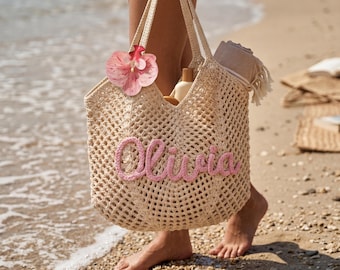Personalized Beach Tote Bags, Custom Floral Crochet Bride Beach bags, Beach Vacation Wedding Favours, Mothers Day Gifts, Bridesmaid Gifts