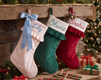 Personalized Christmas Stockings Gifts Set, Family Embroidered Christmas Classic Velvet Knitted Stockings Socks with Names Tree Decor Gift