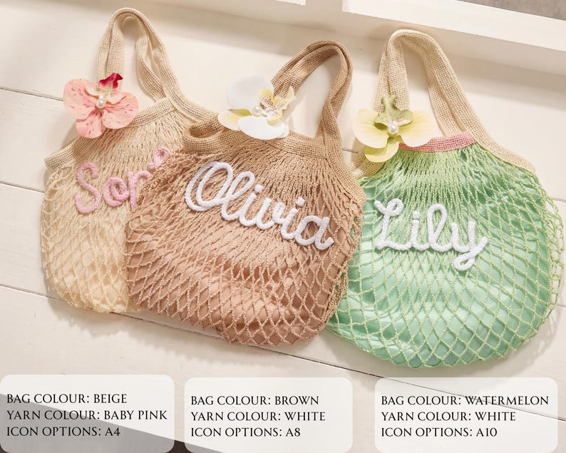 May include: Three personalized net bags in beige, brown, and watermelon colors. Each bag has a different name embroidered in white: "Ser", "Olivia", and "Lily". The bags are decorated with floral accents.