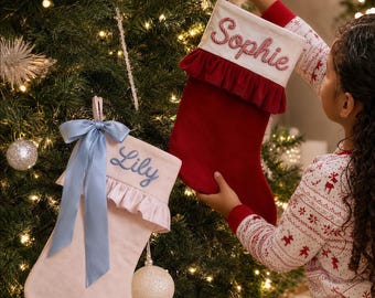 Personalized Christmas Stockings Gifts Set, Family Embroidered Christmas Classic Velvet Knitted Stockings Socks with Names Tree Decor Gift