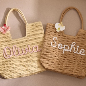 Personalised Beach Tote Bags, Custom Floral Crochet Bride Beach Bags, Straw Beach Vacation Wedding Favor, Mothers Day Gift, Bridesmaid Gifts image 11