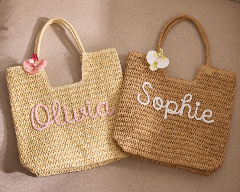 Personalised Beach Tote Bags, Custom Floral Crochet Bride Beach Bags, Straw Beach Vacation Wedding Favor, Mothers Day Gift, Bridesmaid Gifts image 11